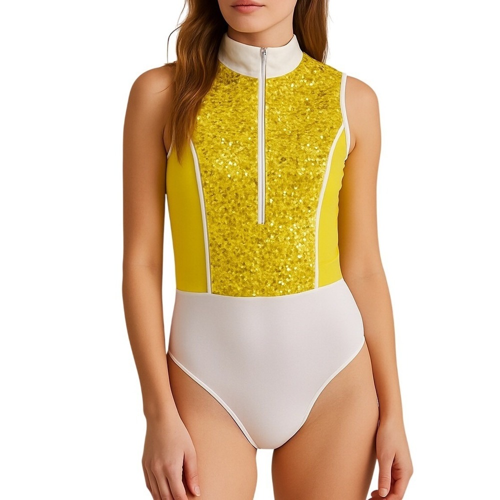 Yellow Sequin Sleeveless Bodysuit Mock Neck One Piece Festival Costume‎